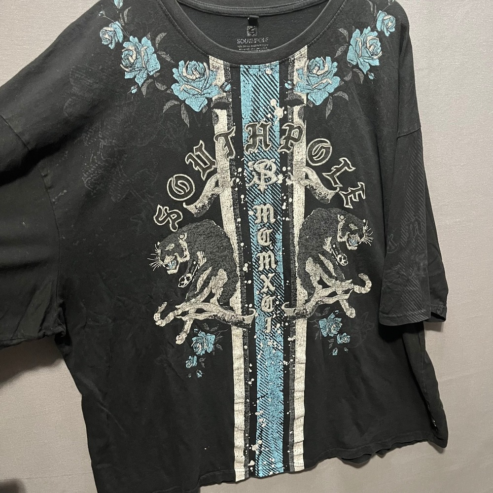 Southpole Mens Panther Rose Graphic T-Shirt Black Blue Y2K Streetwear 6XB - Picture 3 of 6